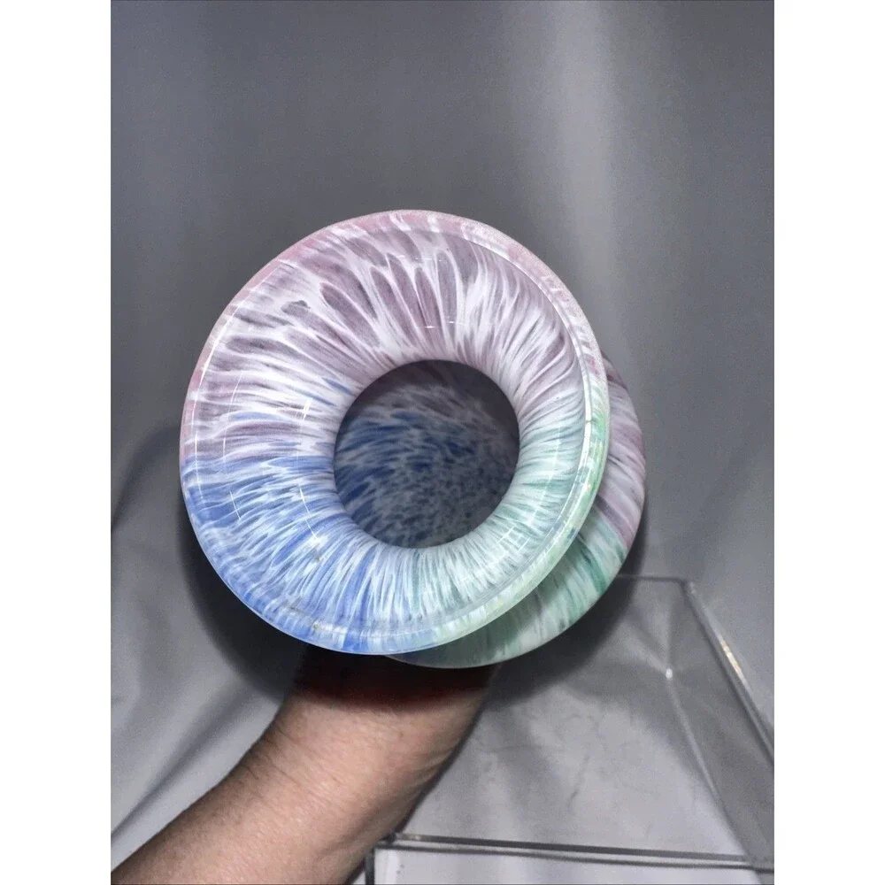 Art Glass Vase Swirl Splat Green Pink Blue White Flare Neck 9” Hand Blown